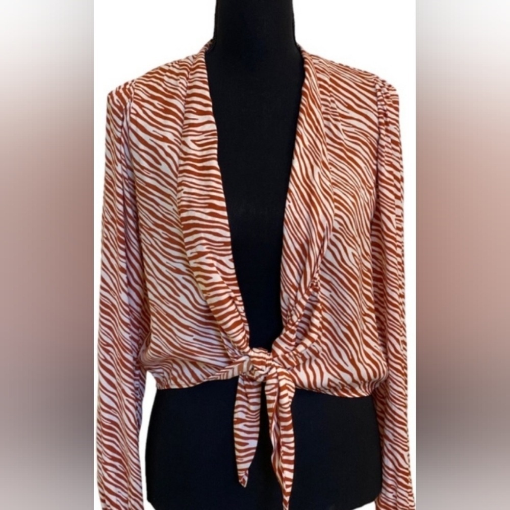 Zebra Print Tie Front Top, Long Sleeve Blouse, Animal Print Shirt XS NWOT